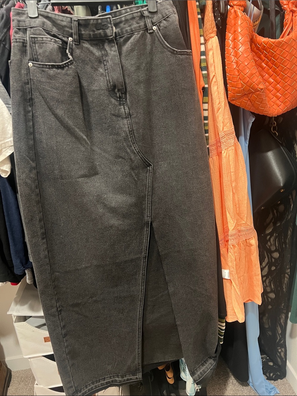 Forever 21 Black Washed Denim Maxi Skirt with Front Slit